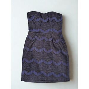 Mystic Navy Blue Strapless Y2K Vintage Hoco Dress With Black Stitch Overlay Sz M